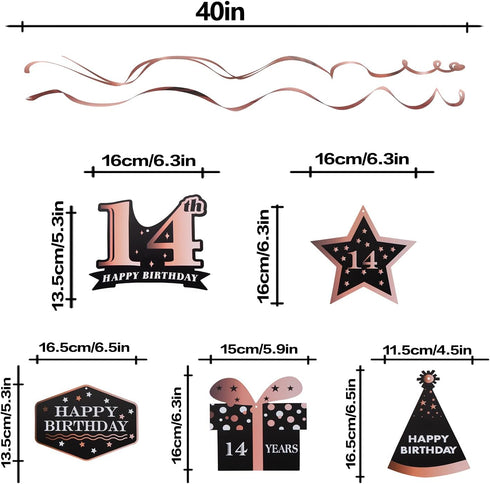 LINGTEER Happy 14th Birthday Decorations - 12 Pcs Birthday Black & Rose Gold Foil Swirls Streamer Set,Cheers to Fourteen Years Old Bday Party Gift...