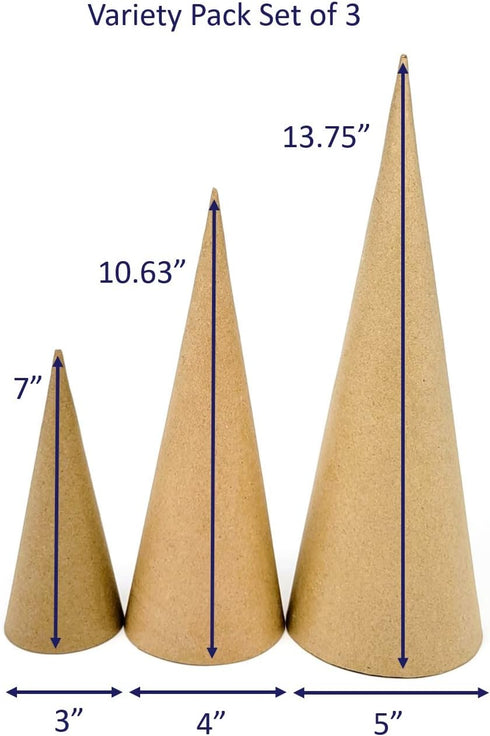 AllStellar Paper Mache Cones Open Bottom Variety Pack Set of 3-13.75x5, 10.63x4, 7x3 in. for DIY Art Projects and Decorations - Various Sizes to C...