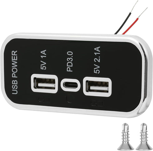 3 Ports 12V RV USB Outlet, PD3.0 USB C & Dual USB A Car Charger Socket Panel Wall Mount with Screws, Automotive USB Power Outlet Fast Charger Adap...