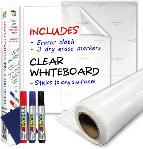 Clear Adhesive Sheets Roll on Wall 18 x 78Inch (6.5 Ft), Includes 3 Dry Erase Markers, Bulletin Board Paper, Clear Adhesive Vinyl Sheets, Transpar...
