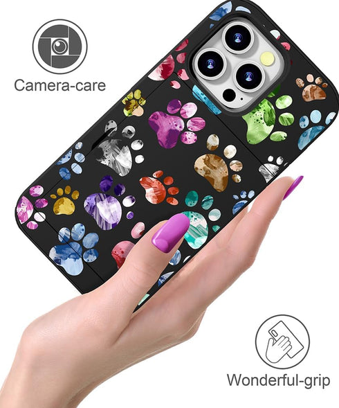 Compatible with iPhone 14 Promax Case Cute with Card Holder Slim Phone 14 Pro Max Wallet Cases for Women/Colorful Doodle Paws Dog Craws Footprints...