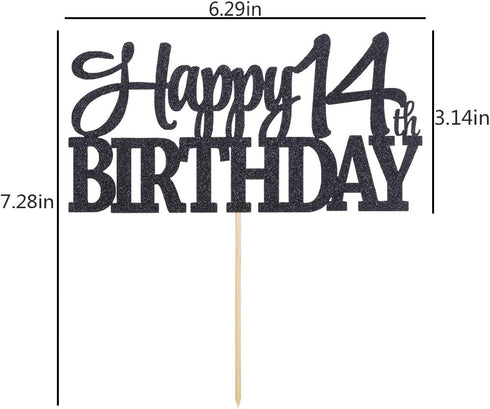 PALASASA Black Glitter Happy 14th Birthday cake topper - 14 Anniversary Party Decoration (14th)...