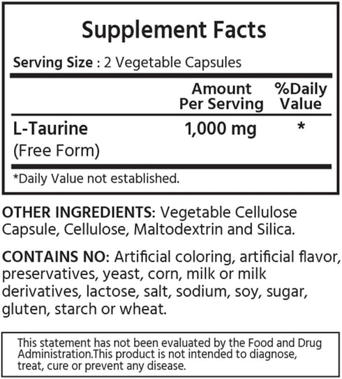 L-Taurine 1000 mg 180 Vegetable. 99.9% Purity L-Taurine. Nervous System Health & Antioxidant Support....