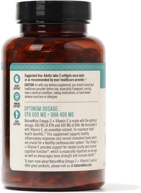 NatureWise Extra-Strength Omega 3 Fish Oil Supplement - 1000mg per Serving - 600 EPA & 400 DHA and Vitamin E - Support for Heart & Brain Health - ...