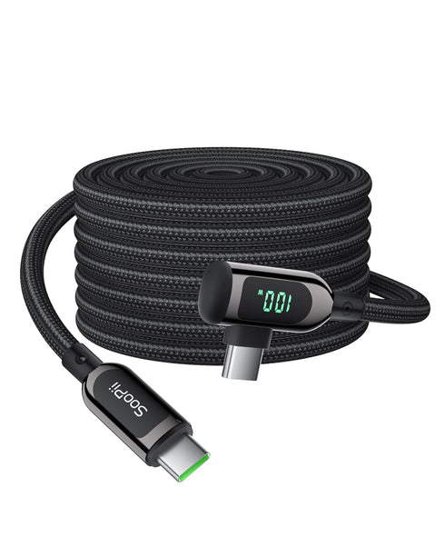 SOOPII 100W Right Angle USB C to USB C Cable,10FT Zinc Alloy Braided Type-C Cable with LED Display for lphone 15, lPad Air/Pro,MacBook Pro,Samsung...