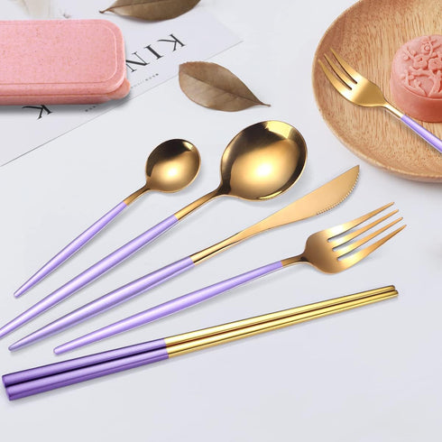 AARAINBOW 8 Pieces Stainless Steel Flatware Set Portable Reusable Cutlery Set Travel Utensils Set Including Chopsticks Knife Fork Spoon Straws Cle...