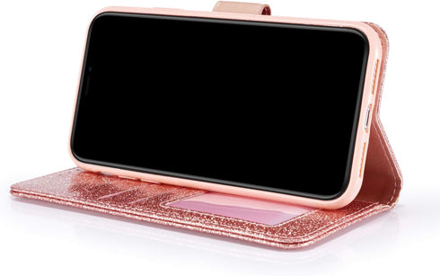 QLTYPRI for iPhone 11 Case Wallet Case Bling Shiny Glitter Flip Folio Case Full-Body Protective Cover Card Slots Magnetic Closure Kickstand Wrist ...