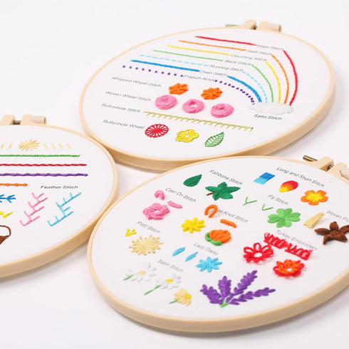 Beginner's Embroidery Stitch Practice Kit, 3 Flora and Fauna Embroidery Kits to Learn 30 Different Stitches, Includes Embroidery Hoop and Floss, w...