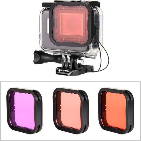 Waterproof housing case for GroPro Hero 5 6 7 Black action camera with underwater photography filters - Red, Light Red and Magenta; Straight-in De...