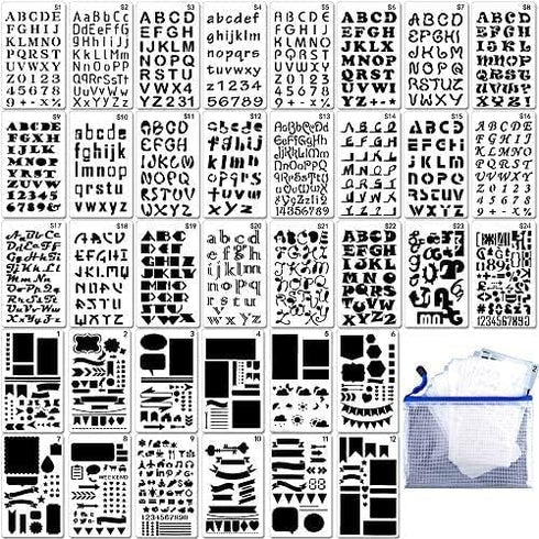 Augshy 36PCS Journal Stencils Set for Dotted Journals, 4x7 Inch Planner Letter Stencils for Bullet Journaling and Notebook, Diary, Crafts, Scrapbo...