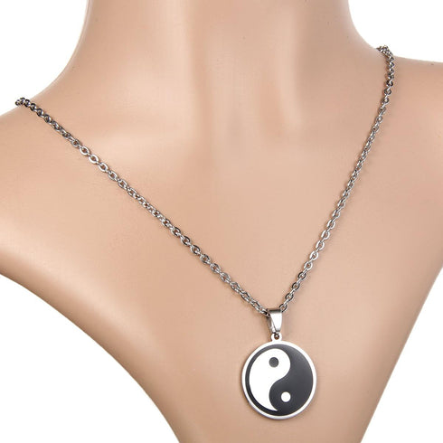 Flongo Men's Vintage Stainless Steel Black Silver Yin Yang Pendant Necklace, 22 inch Chain, Tai Chi Yin Yang Pendant Balance Symbol Necklace...