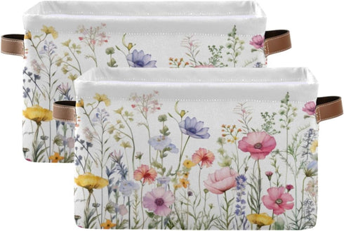 Herbal Wildflowers Storage Basket 1pc, Large Collapsible Toys Clothes Organizer, Durable Canvas Storage Bin with Handle for Shelves Closet Laundry...