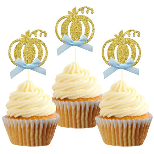 24pcs Pumpkin Cupcake Toppers, Fall Theme Cake Decoration for Baby Shower Party Supplies (Blue Bow)...
