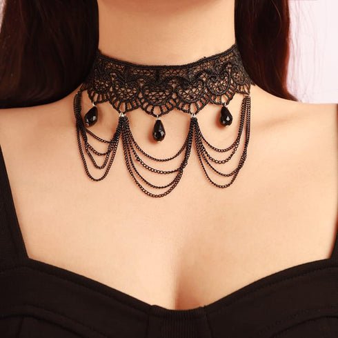 Halloween Sexy Jewelry Elegant Vintage Women Princess Black Lace Gothic Steampunk Statement Necklace Victorian Lolita Choker Crystals Pendant Vamp...