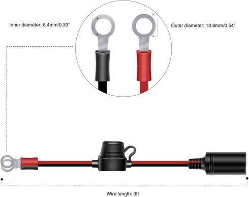 Nilight Female Cigarette Lighter Outlet 3Ft + Eyelet Terminal Plug and Blade Fuse Holder 12V 16AWG Heavy Duty Cable Accessory DC Power 12 24Volt S...