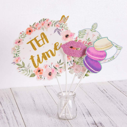 SUNBEAUTY 14 Pcs Tea Party Photo Booth Props Tea Party Decorations Alice in Wonderland Party Supplies Garden Party Bridal Shower for Girls Women...