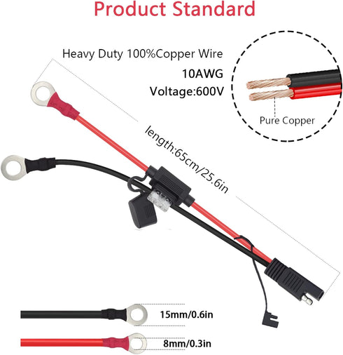 10 AWG 2FT SAE to O Ring Connecters Extension Cord Cable Connector Compatible with Battery Charger/Maintainer...