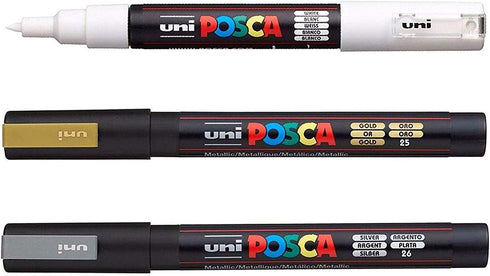 Posca PC-3M Paint Marker Pens - Glass Metal Pen - Set of White, Gold and Silver...