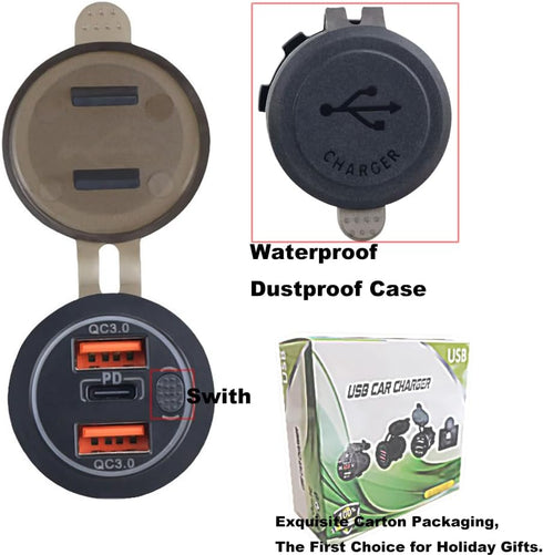 3 Ports 18W USB Car Charger With Switch, 12-24V Dual QC 3.0 USB & PD USB C Cigarette Lighter Socket Outlet, Dashboard Mount Quick Charge Charger f...