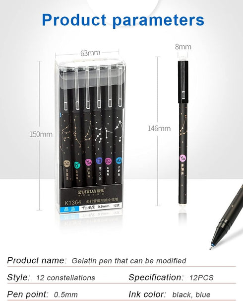Gel Ink Pens 12PCS Erasable, with Eraser 0.5mm Fine Point Black/Blue 12 Constellations Ink Medium Point Creativity for Journaling Writing Drawing ...
