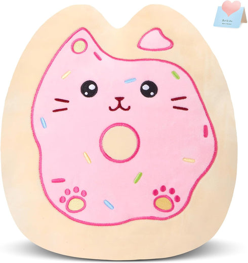 12" Sprinkle Donut Plush Pillow, Pink Cat Plush Kitten Stuffed Animal Squishy Plush Toy Cat Throw Pillow Donut Party Supplies Decorations for Kids...
