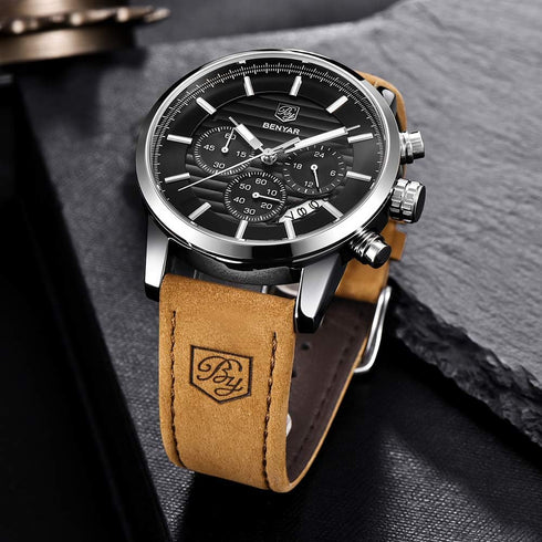 BENYAR Quartz Chronograph Waterproof Watches Business and Sport Design Leather Band Strap Wrist Watch for Men...