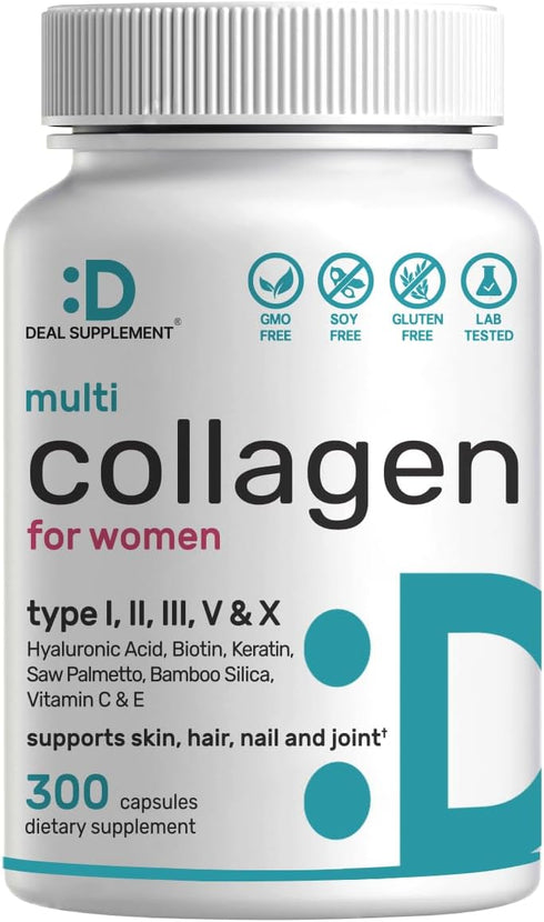 DEAL SUPPLEMENT Multi-Collagen Pills for Women with Vitamin C, E, & Biotin, 300 Capsules – 11 in 1 Formula with Saw Palmetto, Bamboo Silica, & Hya...