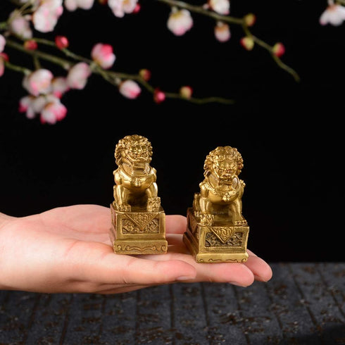 BRABUD 2.8in(H) Fengshui Brass Pair of Fu Foo Dogs Guardian Lion Statues Housewarming Congratulatory to Ward Off Evil Energy ZD099 Gold...