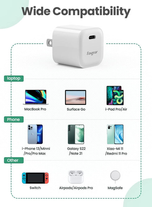 USB C GaN Charger Fasgear 30W Fast Charging Block Portable Power Adapter Power Brick Compatible for iPhone 14 Pro Max/13 Pro/12/SE Mac Book Air iP...