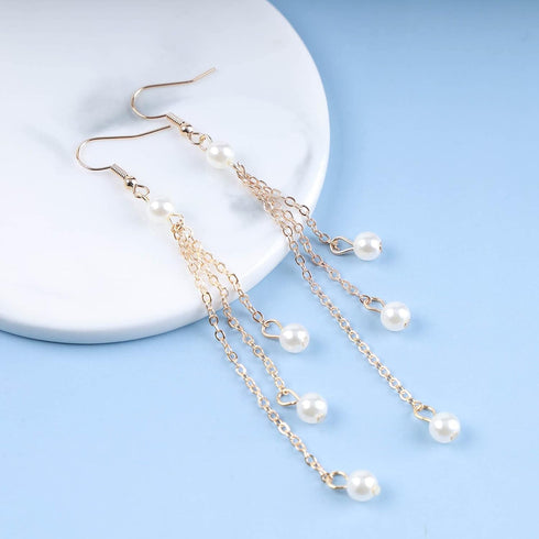 Vintage Pearl Drop Earrings Gold Pearl Tassel Earrings Long Pearl Chain Earrings Boho Pearl Earrings Jewelry for Women and Girls...