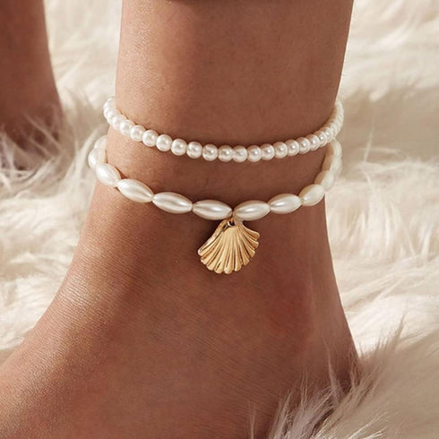 Boho Pearl Anklets Bracelets Beaded Layered Ankles Bracelets Shell Pendant Foot Chain Jewelry for Women...