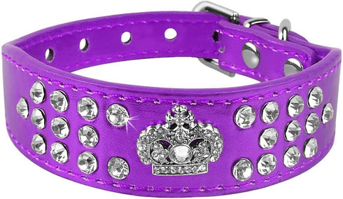 Rhinestone Dog Collar, Crown Rhinestone Diamante Jewelry Crystal Adjustable PU Leather Pet Dog Cat Puppy Collar (S:8-10.5", Purple)...