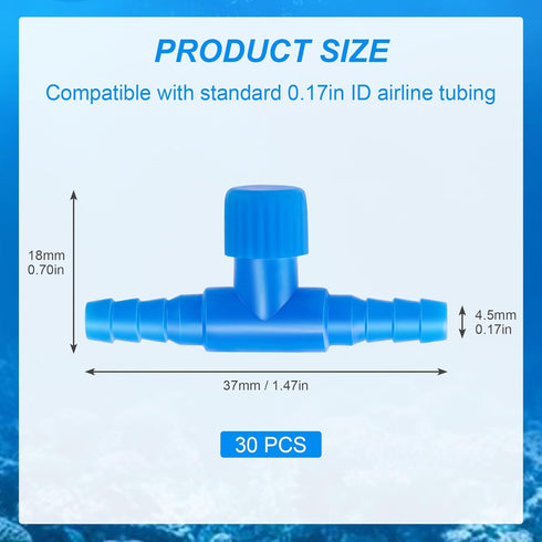 30 Pack Aquarium Air Control Valves for Fish Tank 3/16" ID Air Tube Blue Single Way T Shape Control Valve Plastic Aquarium Hose Connector for Home...