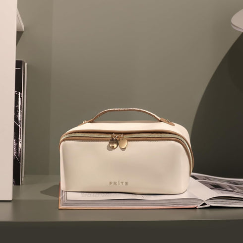 Large Capacity Cosmetic Bag for Women Portable Waterproof PU Leather Makeup Bag Open Flat Makeup Organizer With Clear Divider and Handle(Beige)...