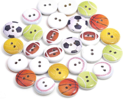 100 Pieces 3/4inch Ball Sports Painting Round Wood Buttons Football Baseball Soccer Volleyball Tennis 2 Holes Sewing Wooden Flatback Buttons for K...