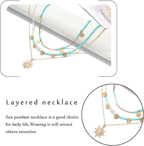 Boho Layered Sun Necklaces Gold Neck Chain Turquoise Necklaces Chains Pearl Pendant Necklace Jewelry Summer Beach Necklace Accessories for Women...