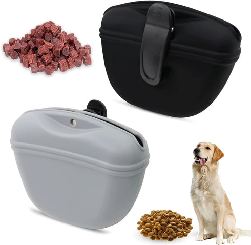 Dog Treat Pouch 2 pack, Dog Treat Training Pouch, Silicone Pet Treat Bag BPA Free/Clip/Magnetic Dog Walk (grey & black)...
