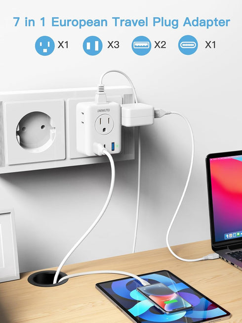 European Travel Plug Adapter, US to Europe Plug Adapter with 4 AC Outlets 3 USB Ports (2 USB A & 1 USB C), International Plug Adapter Charger for ...