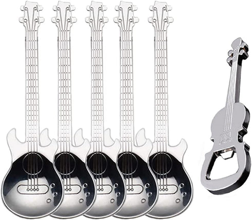 Guitar Spoons Coffee Teaspoon Set, ESRISE Stainless Steel Dessert Spoon with Guitar Opener, Cute Tea Spoons for Christmas Birthday (Silver)...