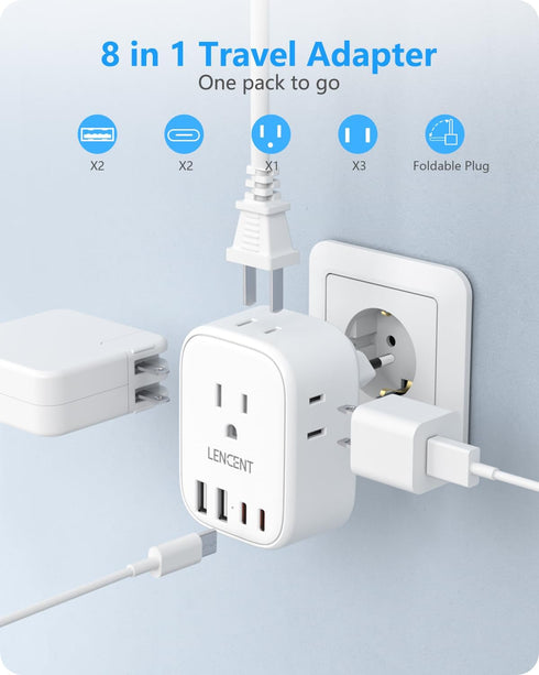 European Travel Plug Adapter, LENCENT International Type-C Foldable Power Plug with 4 Outlets, USB C Charger Adaptor, US to Most of Europe EU Icel...