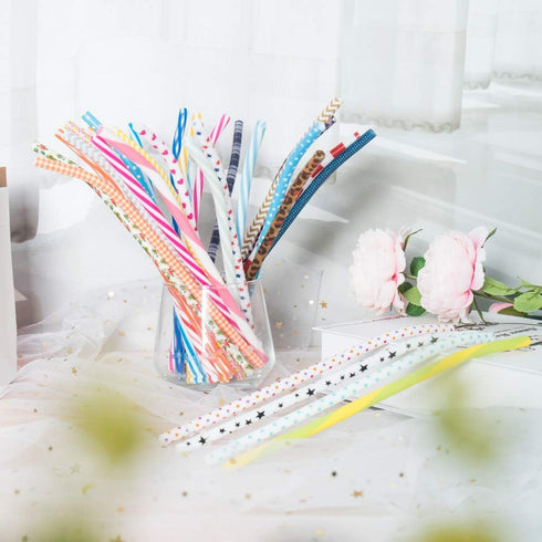 50 Pack Bent Reusable Straws, BPA-Free, 9" Colorful Hard Plastic Stripe Drinking Straw for Mason Jar Tumbler, Family or Party Use With Cleaning Br...