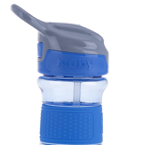 Nuby Thirsty Kids Push Button Flip-it Soft Spout on The Go Water Bottle with Easy Grip Band, Blue Sharks, 12 Oz...