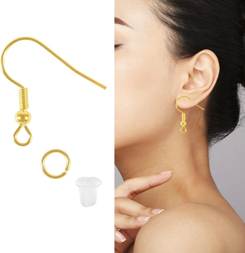 100pcs Hypoallergenic Earring Hooks, 925 Sterling Gold Copper-Plated Earring Hooks, Fish Hook Earrings, 300 pcs Earring Making Kit with Jump Rings...