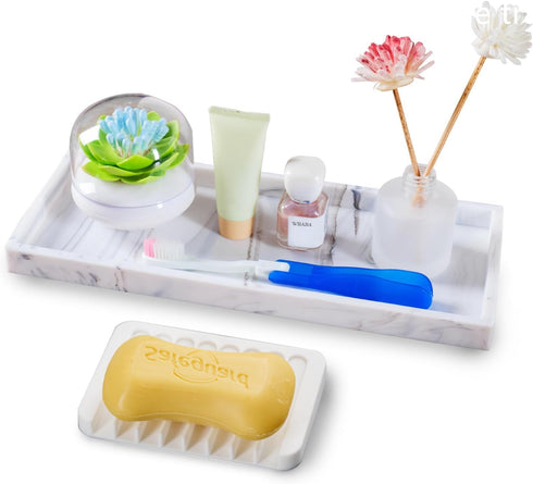 Bloss Silicone Bathroom Tray with Soap Holder - 7.9" Marble Vanity Trays for Bathroom Counter, Soap Dispenser Tray with Sponge Holder, Toilet Tank...