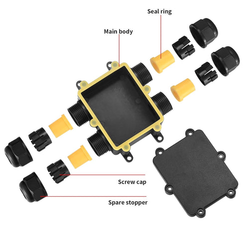Waterproof IP68 Junction Box 4 Way, External Underground Electrical Junction Box, Black Outdoor Cable Connector Box for Diameter 4mm -10mm Wire Gl...