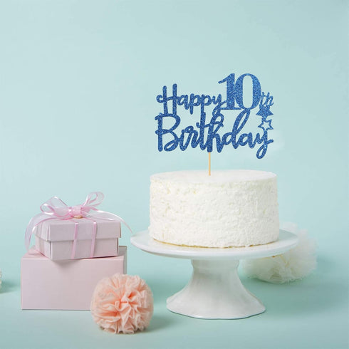 Royal Blue Glitter Happy 10th Birthday Cake Topper - 10 Sign Cake Topper - Cheers to 10 Years Party Supplies - 10th Birthday Party Decorations...