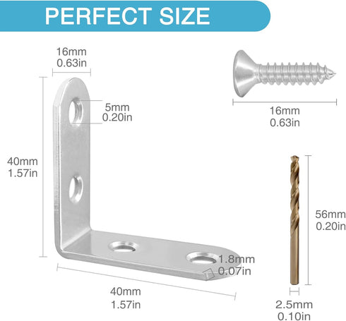 18PCS 1.57'' x 1.57'' L Bracket Corner Brace, Stainless Steel Small 90 Degree Right Angle Bracket for Wood Desk Chair Cabinet Drawer Closet Frame ...