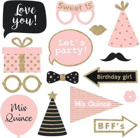 Fully Assembled Sweet 16 Birthday Photo Booth Props - Set of 30 - Pink & Gold Selfie Signs - 16th Party Supplies & Decorations - Cute 16th Bday De...