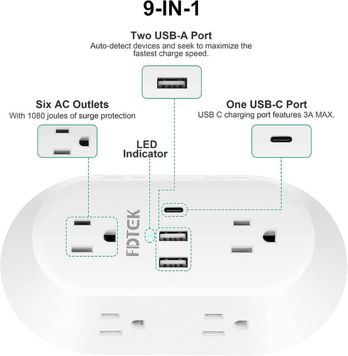 USB Wall Charger, FDTEK Surge Protector 6 Outlet Power Strip Multi Plug Outlet with USB-C Charging Ports, 3-Sided Outlet Splitter Wall Plug Adapte...