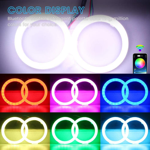 YM E-Bright 1 Set 70MM RGB Angel Eyes LED Halo Rings for Car Lamp Daytime Running Light COB Chips Multil-Color Circle Ring Mobile App Control with...